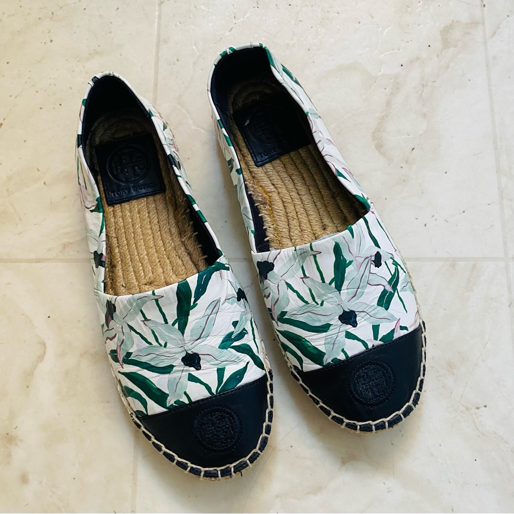 $228 Tory Burch Colorblock Floral Print Leather Round Toe Espadrille Flats sz 6 - Picture 2 of 11